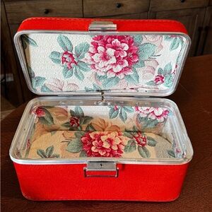 Vintage 1960s Red Train Case Floral Lined Mid Century Vanity Storage